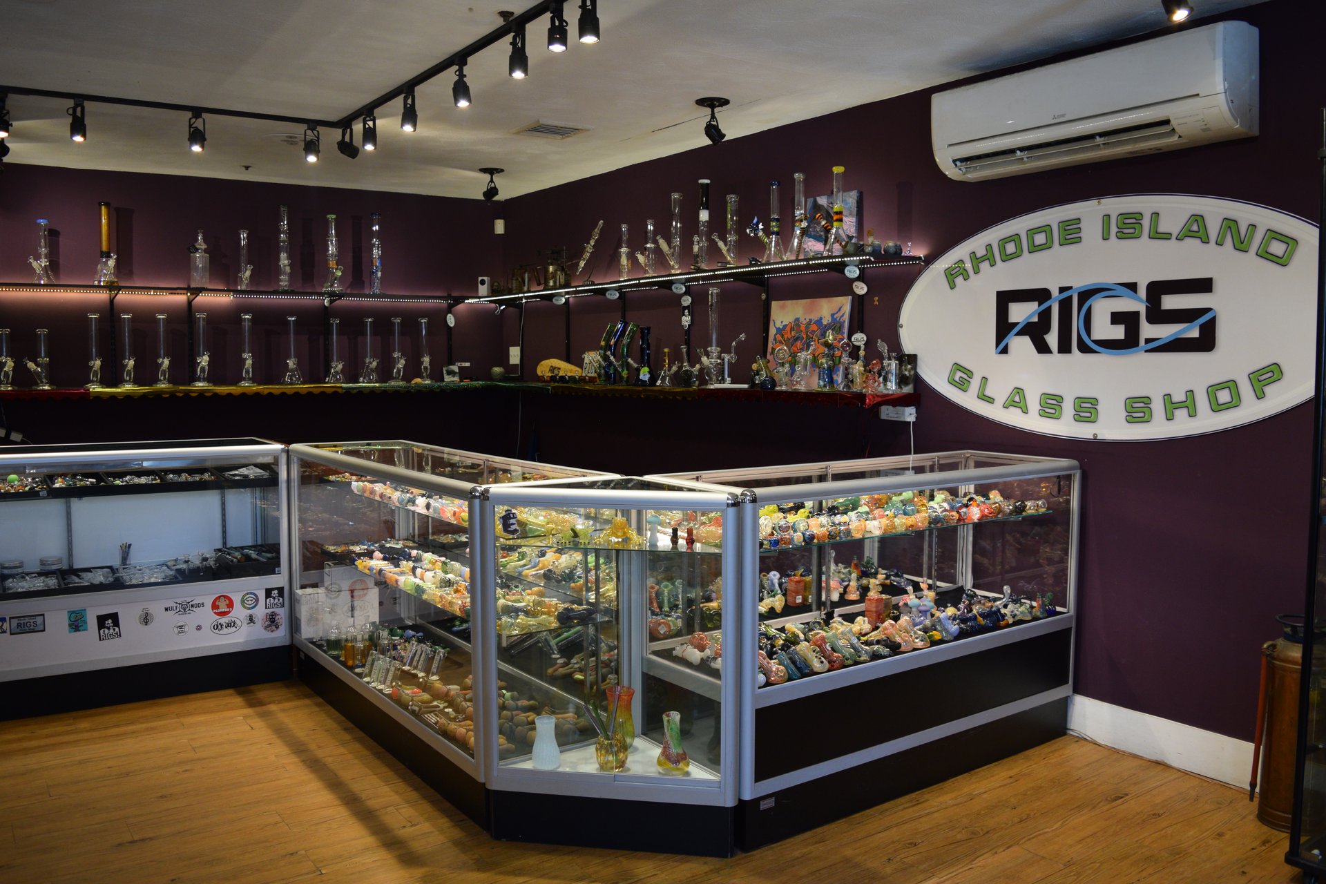 Interior of Rhode Island Glass Shop showing American glass pieces and accessories